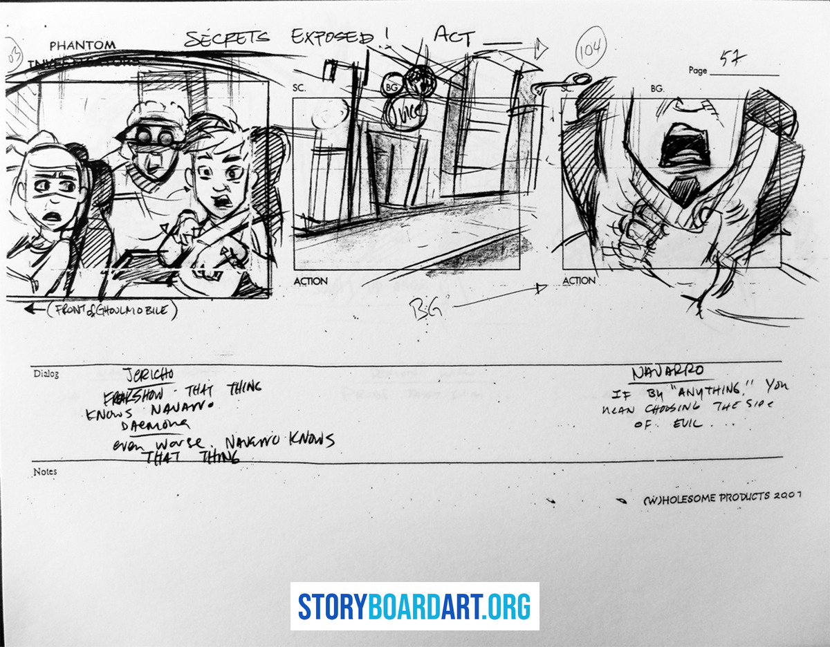 A storyboard page featuring three thumbnail panels with character sketches and handwritten dialogue notes.