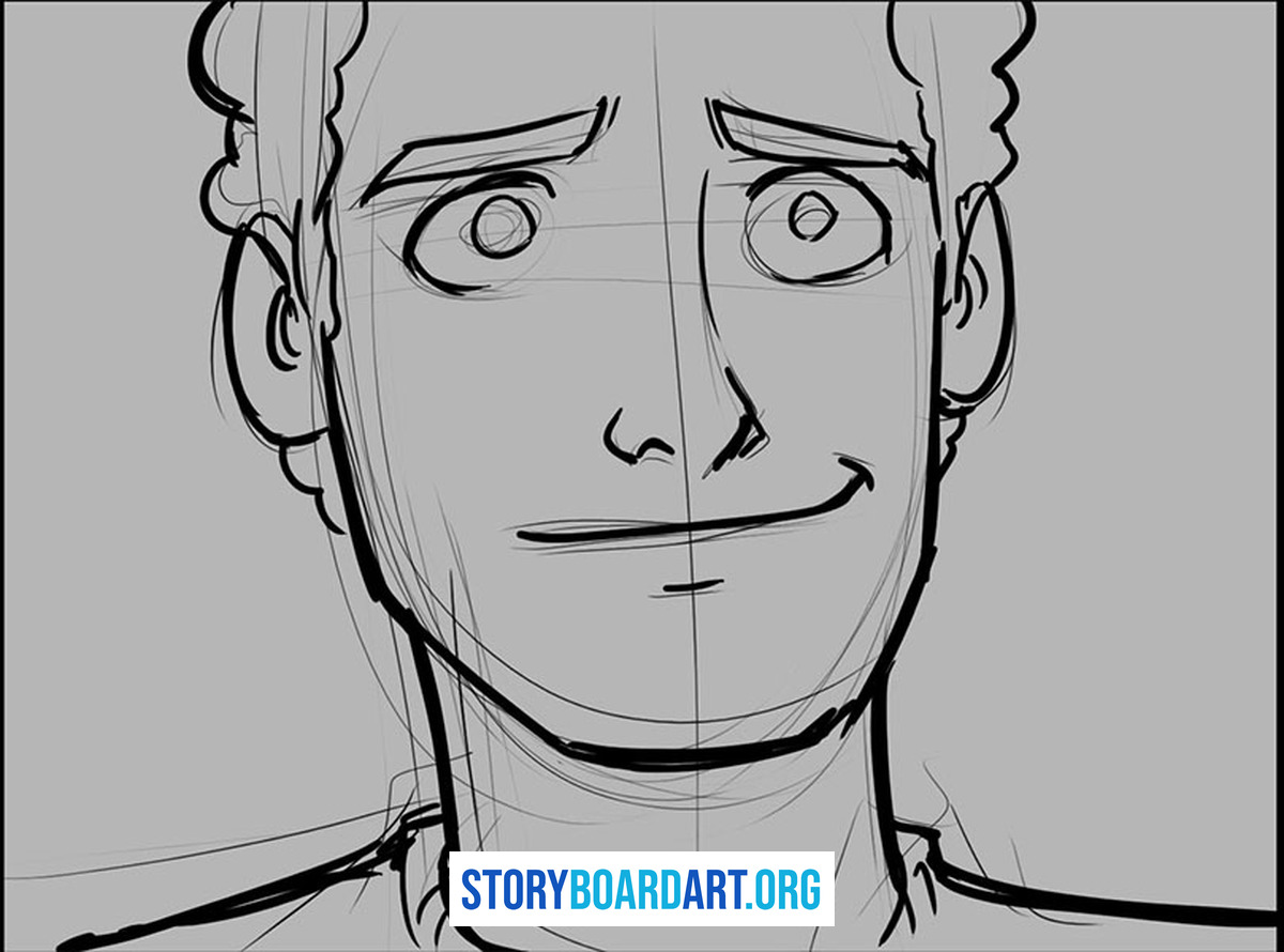 How to Break Down a Script for Storyboarding 2 Close-up storyboard sketch of a young man with curly hair and a neutral to slightly anxious expression.