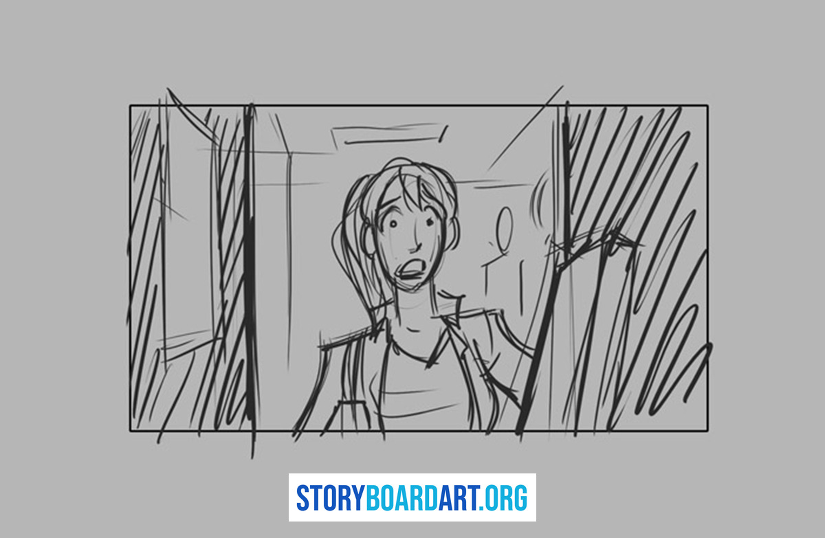 How to Break Down a Script for Storyboarding 3 Rough black and white storyboard panel of a shocked woman standing between two doors.