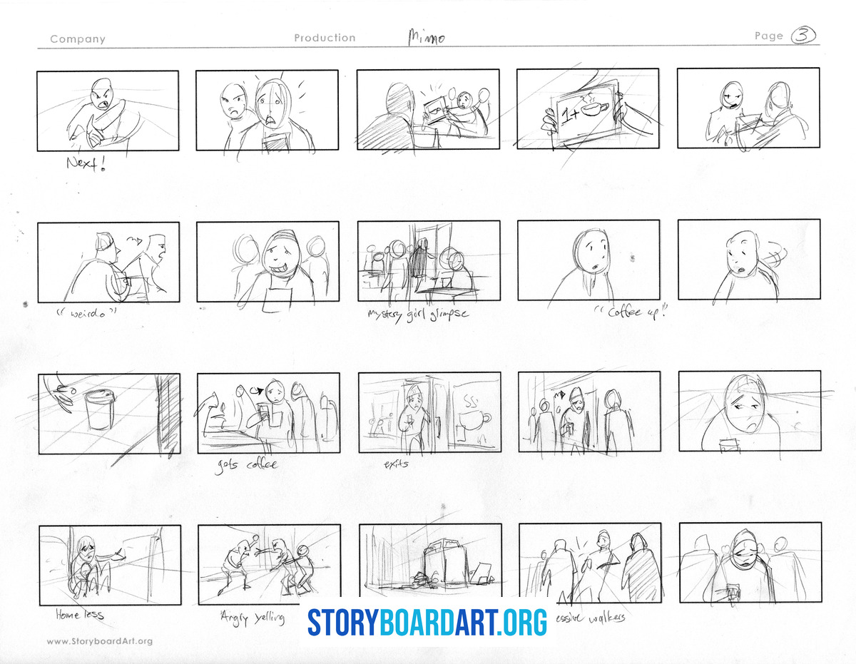 How to Break Down a Script for Storyboarding 5 A storyboard page containing twenty hand-drawn thumbnail panels of various character interactions.