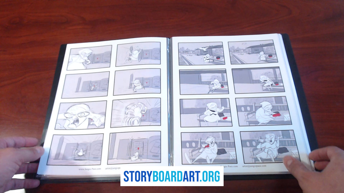 An open binder displaying printed storyboard pages with black and white panels of a character inside a room.