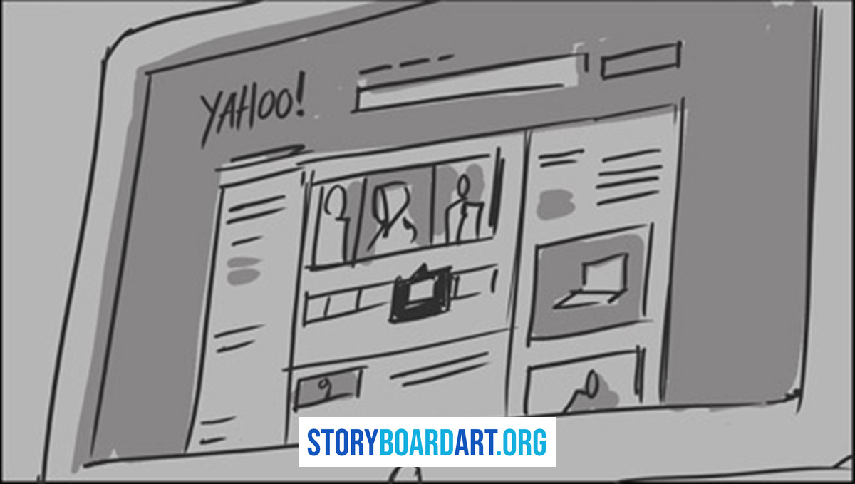 How to Find & Study Storyboard Work by Credited Artists 2 A storyboard panel depicting a computer screen displaying a website with the Yahoo logo.