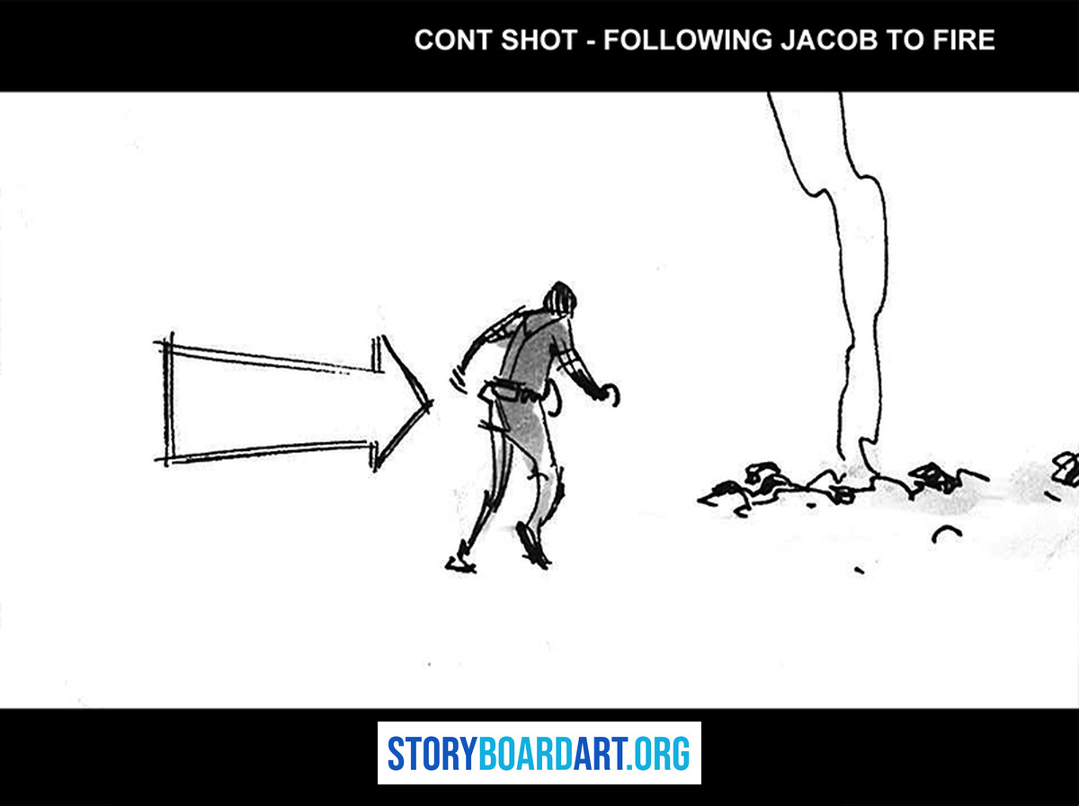 How to Find & Study Storyboard Work by Credited Artists 3 Black and white storyboard panel of a character running near a tree with an arrow indicating movement.