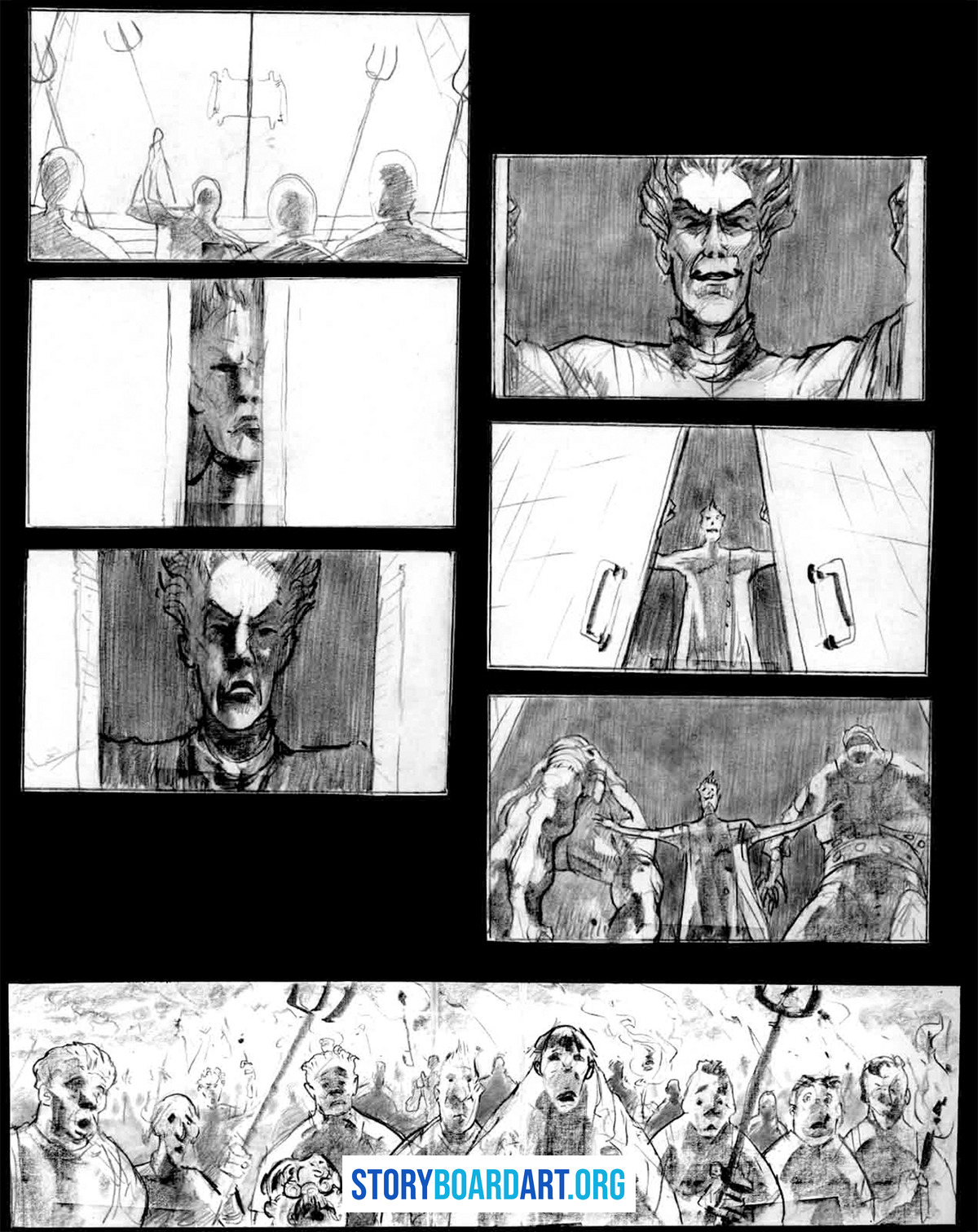 How to Find & Study Storyboard Work by Credited Artists 4 Black-and-white storyboard page with multiple panels showing dramatic character moments and a crowd scene.