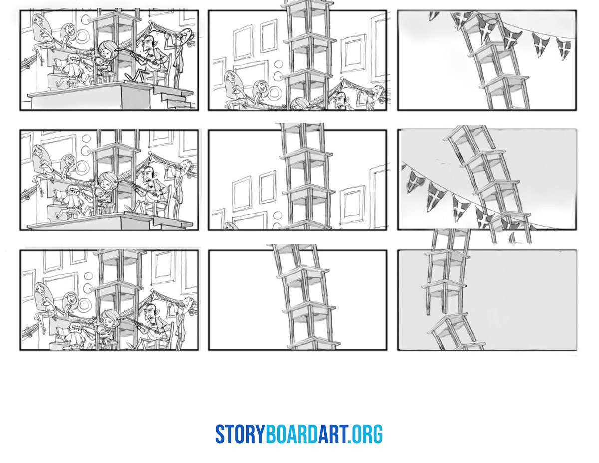 How to Find & Study Storyboard Work by Credited Artists 5 Black and white storyboard sequence of nine panels showing characters interacting with stacked tables and chairs.