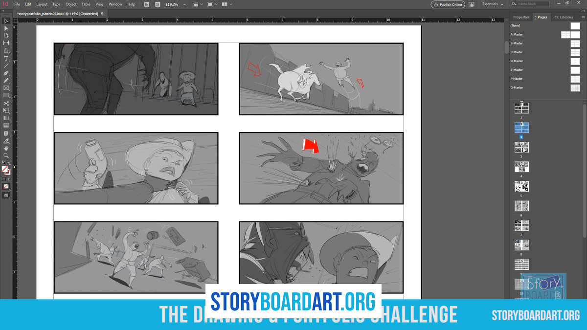 How to make a storyboard on a Word document that actually holds up 2 An Adobe InDesign workspace displaying a page with six storyboard panels.