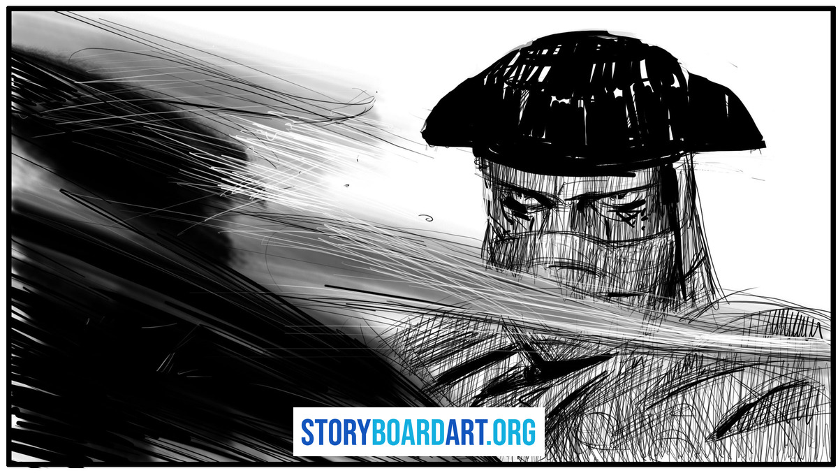 How to make a storyboard on a Word document that actually holds up 4 Digital sketch of a cloaked figure in a wide-brimmed hat against a dark, streaked background.