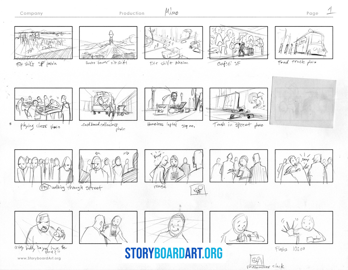How to make a storyboard on a Word document that actually holds up 6 A completed storyboard page containing twenty sketch panels with handwritten notes and scene details.