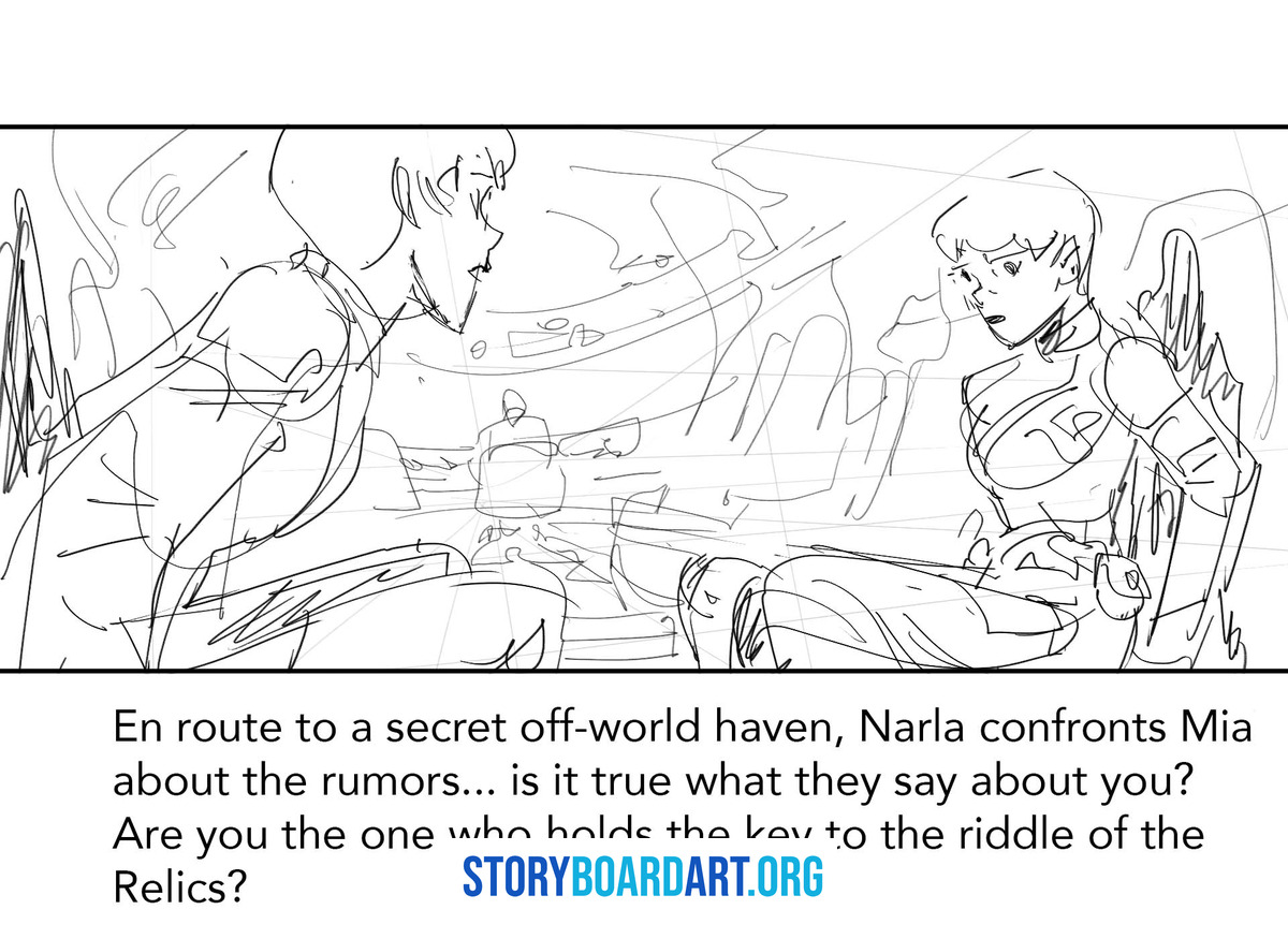 Storyboard Examples for Film: Pro Tips to Land the Job 1 Rough pencil storyboard panel of two characters conversing, with dialogue text written below.