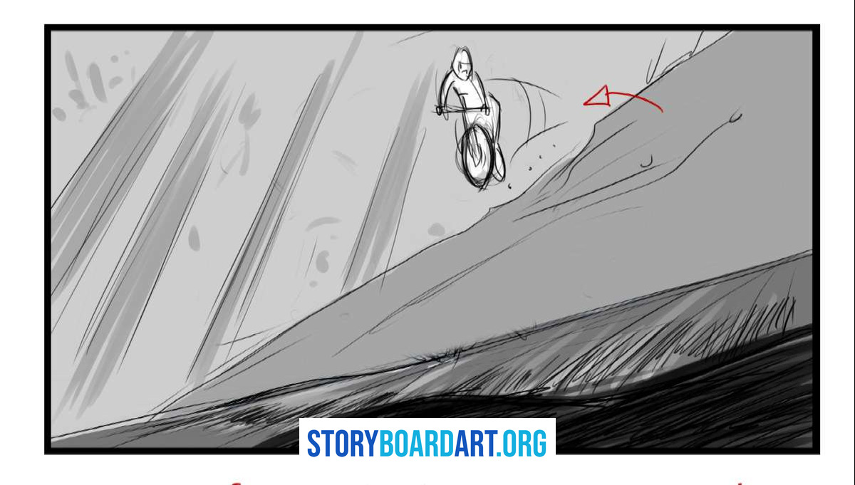 Storyboard Examples for Film: Pro Tips to Land the Job 2 Storyboard panel of a cyclist jumping off a ramp or cliffside, with red arrows indicating motion.
