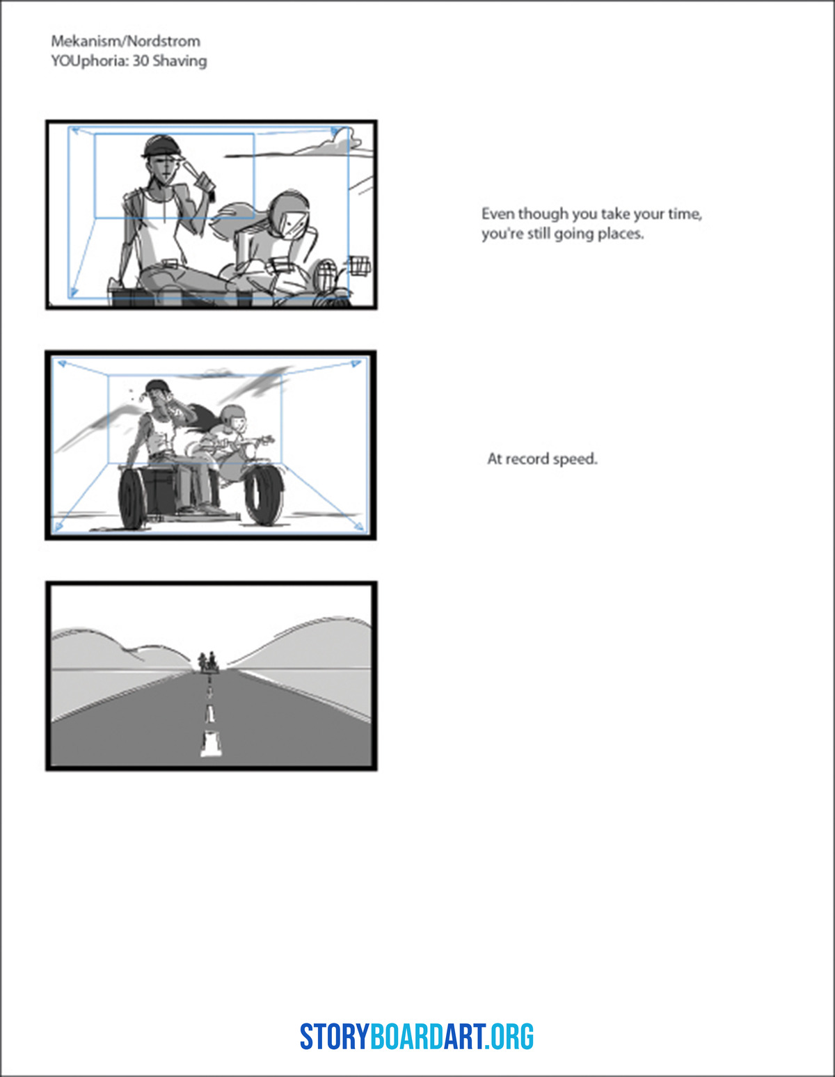 Storyboard Examples for Film: Pro Tips to Land the Job 3 Three storyboard panels with accompanying text and perspective grid overlays.