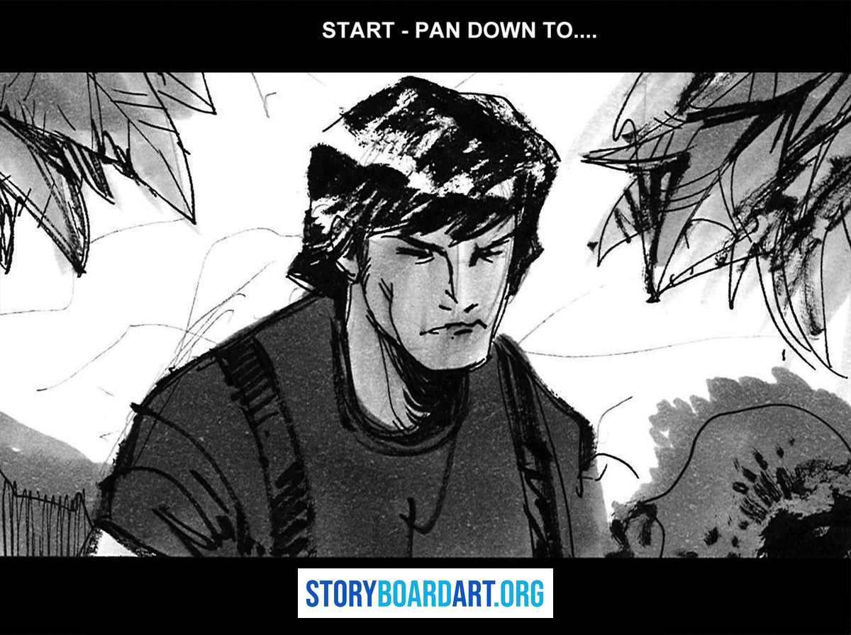 Storyboard Examples for Film: Pro Tips to Land the Job 5 Black and white storyboard panel of a man framed by foliage, with text reading START - PAN DOWN TO....