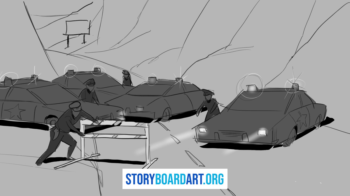 Establishing Shot: How to Orient Your Audience in Storyboards 1 Storyboard panel depicting multiple police cars at a roadblock with flashing lights and officers.