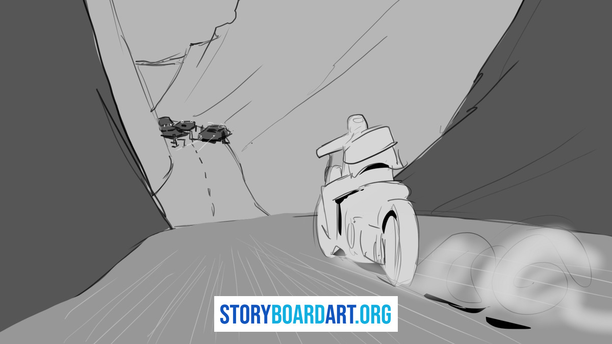 Establishing Shot: How to Orient Your Audience in Storyboards 2 Digital storyboard drawing of a person riding a motorcycle through a canyon toward a pileup of cars.