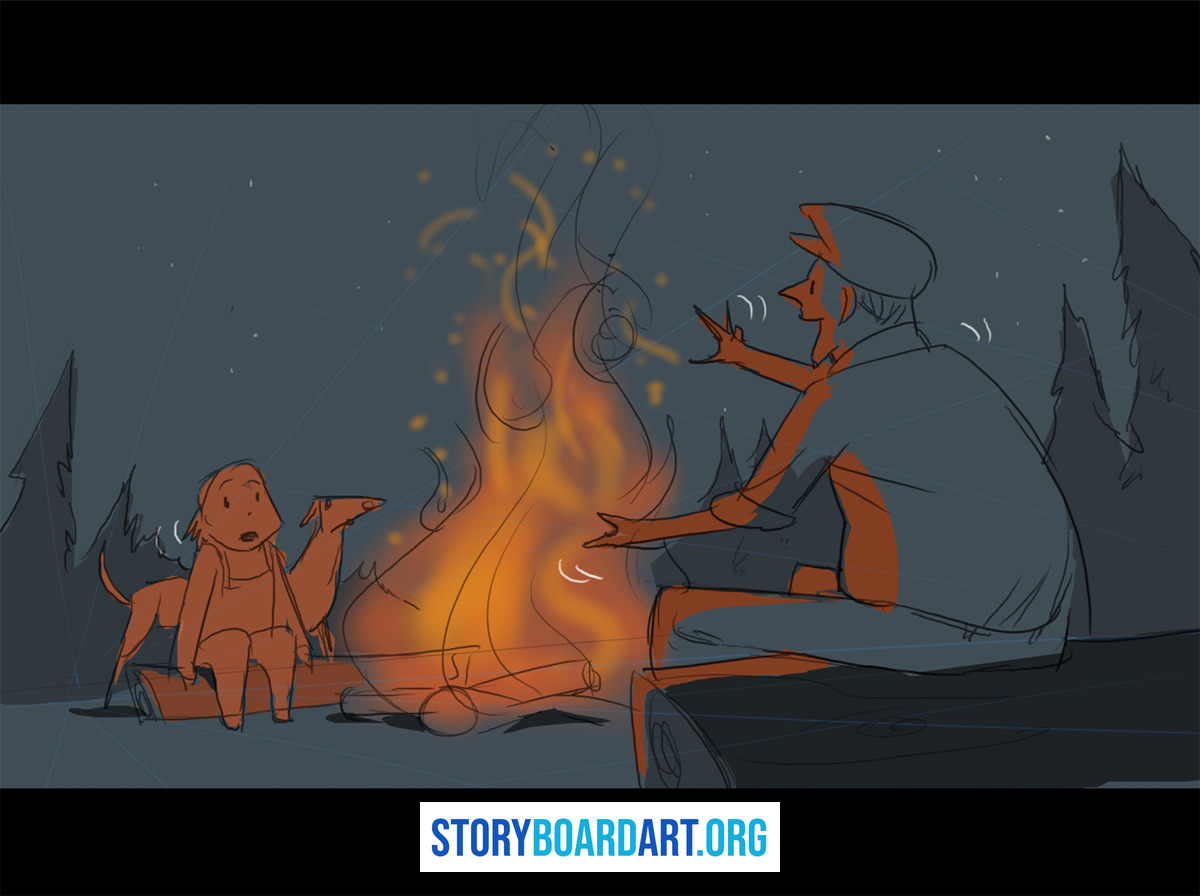 Establishing Shot: How to Orient Your Audience in Storyboards 3 Digital storyboard sketch of two people and two dogs sitting around a glowing campfire at night.