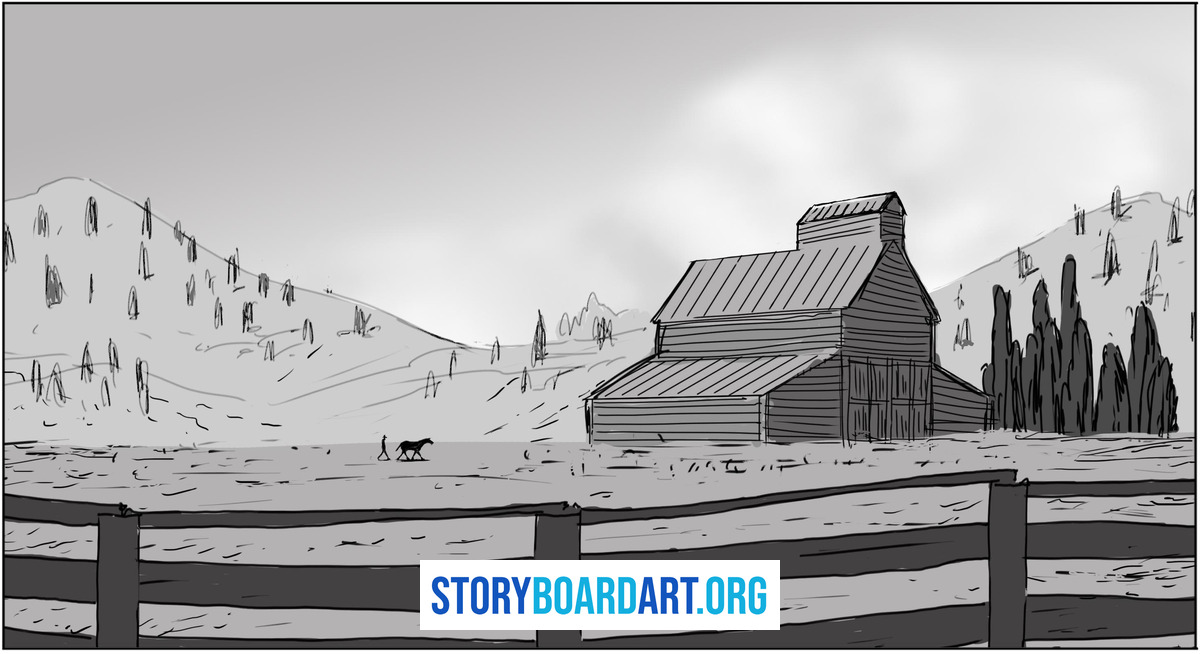 Establishing Shot: How to Orient Your Audience in Storyboards 5 Monochrome digital storyboard sketch of a large barn in a landscape with a fence in the foreground.