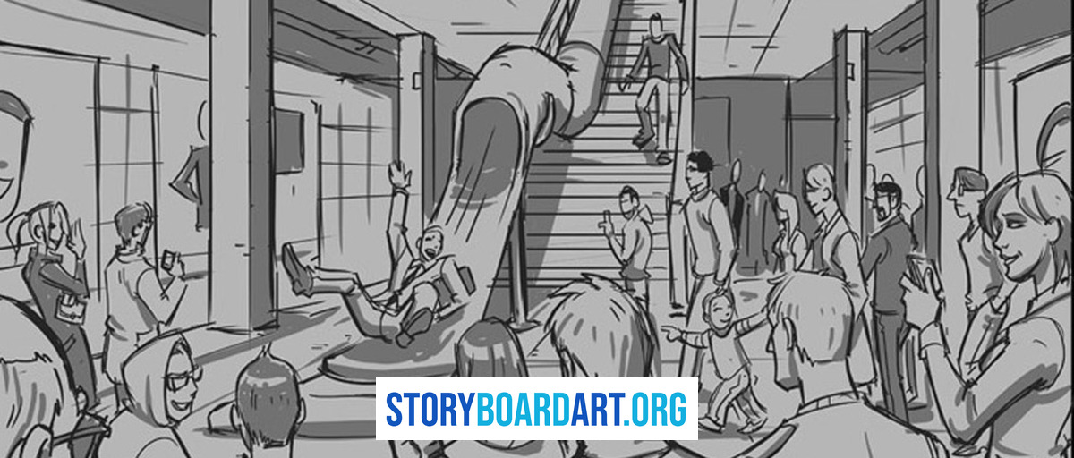 Establishing Shot: How to Orient Your Audience in Storyboards 6 Black and white storyboard panel of a man sliding down a giant indoor slide as a crowd watches.
