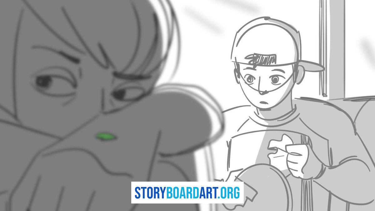Digital storyboard panel of a character in the foreground looking at their arm, with another character in the background.