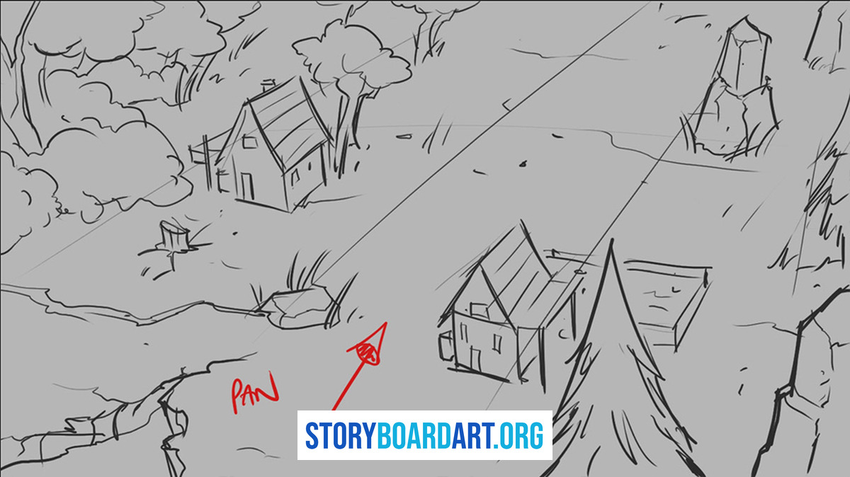 180 Degree Rule in Film: Storyboard Guide to Screen Direction 2 Pencil storyboard sketch of an aerial landscape with two houses, trees, rocks, and a red arrow indicating a camera pan.