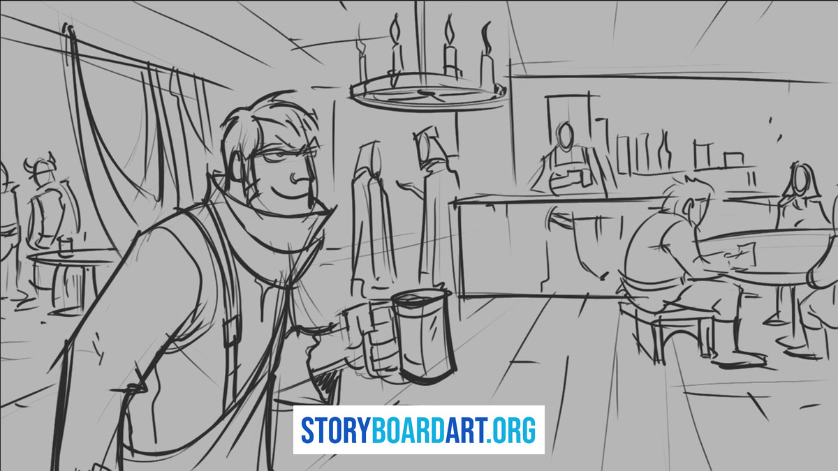 Storyboard Examples for Advertising: 4 Board Types Every Portfolio Needs 1 Rough pencil sketch storyboard panel of a character holding a mug in a tavern with other patrons.