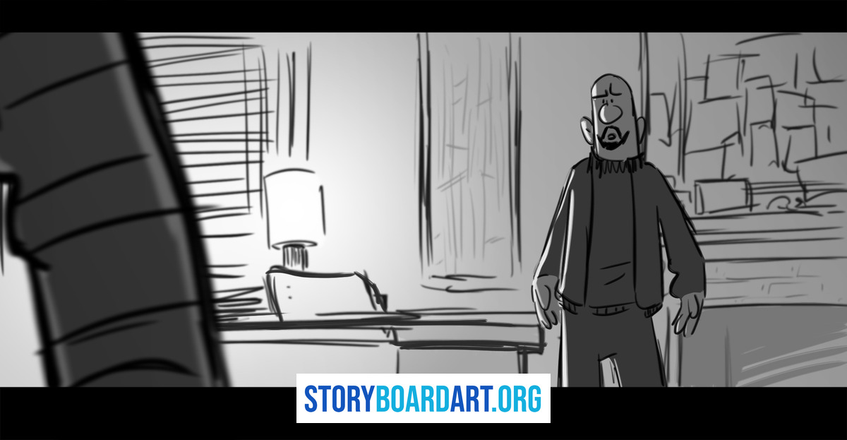 Storyboard Examples for Advertising: 4 Board Types Every Portfolio Needs 2 Black and white storyboard panel of a bald, bearded man in an office with a desk and lamp.