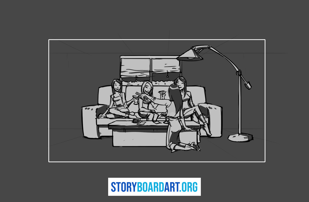 Storyboard Examples for Advertising: 4 Board Types Every Portfolio Needs 3 Digital storyboard frame of four female characters gathered around a sofa and coffee table.
