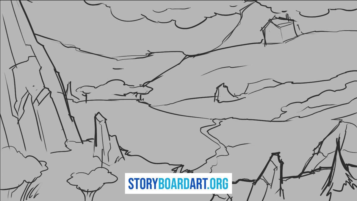 Thumbnail Sketch Guide: Fast Fixes for Broken Sequences 1 Clean, line-only rough sketch of a mountain valley with cliffs, trees, a winding river and a small cabin.
