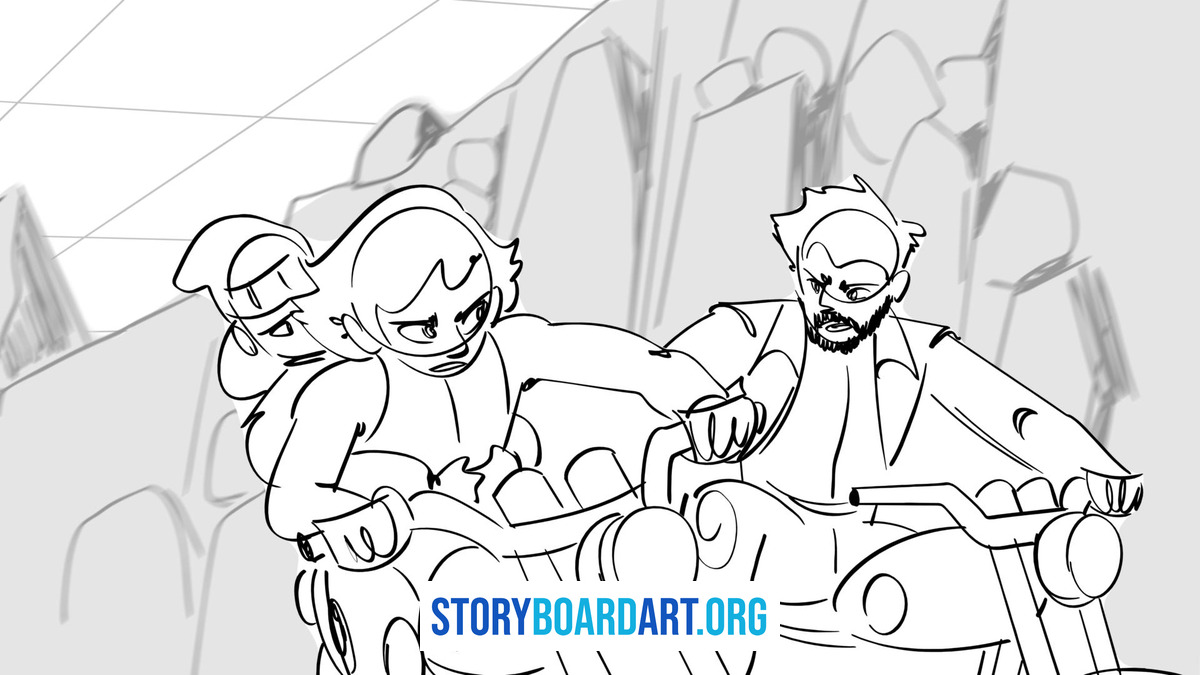 Thumbnail Sketch Guide: Fast Fixes for Broken Sequences 2 Rough black and white storyboard sketch of three characters riding motorcycles through a sparse, angular environment.