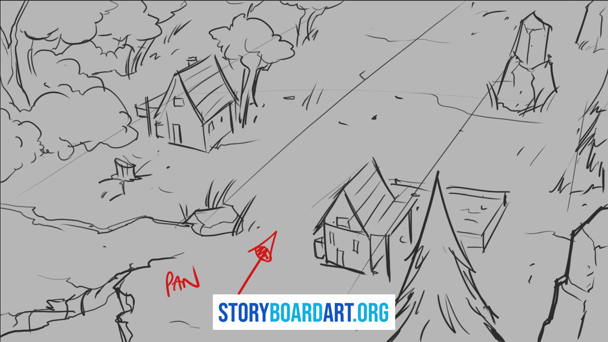 Thumbnail Sketch Guide: Fast Fixes for Broken Sequences 3 Line rough of a forest clearing with two cabins, marked with a red arrow and the note PAN for the camera move.