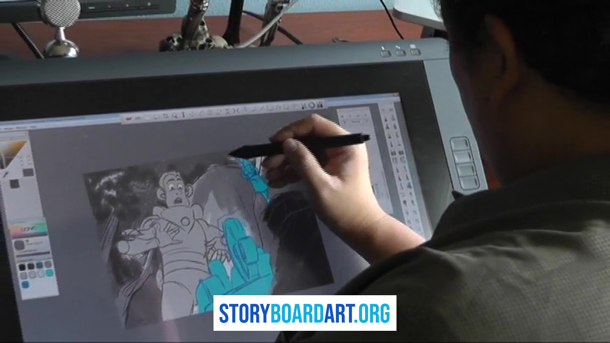 Thumbnail Sketch Guide: Fast Fixes for Broken Sequences 4 An artist draws a digital storyboard on a drawing tablet screen using a stylus.