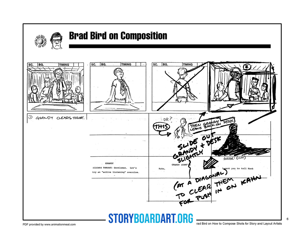 Thumbnail Sketch Guide: Fast Fixes for Broken Sequences 5 A storyboard page with four panels accompanied by handwritten notes and dialogue regarding composition.