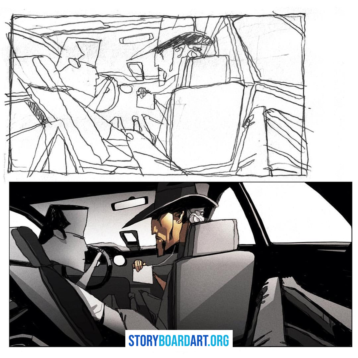Toon Boom Storyboard Pro: Build a Portfolio-Ready Animatic 1 A rough pencil storyboard sketch above its finished colored version, showing two characters in a car.