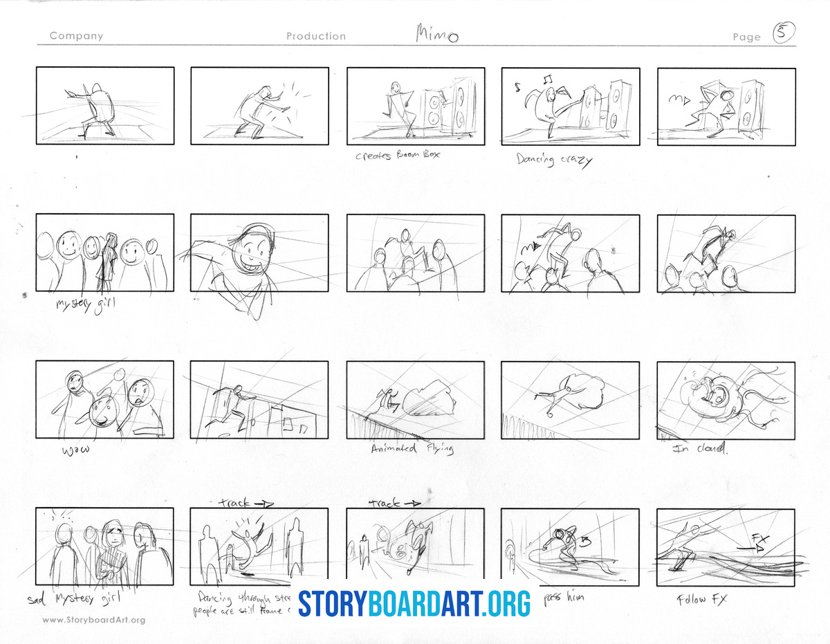 Toon Boom Storyboard Pro: Build a Portfolio-Ready Animatic 2 A completed storyboard page containing twenty individual thumbnail panels with character sketches and action descriptions.