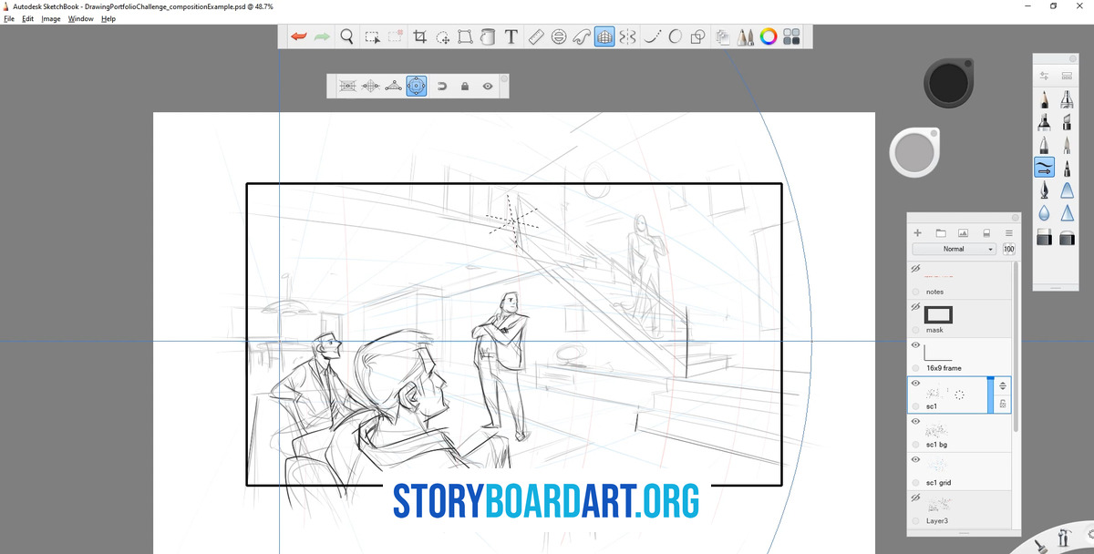 Toon Boom Storyboard Pro: Build a Portfolio-Ready Animatic 3 Storyboard sketch in drawing software, with a layers panel listing named layers like sc1, sc1 bg, sc1 grid and notes.