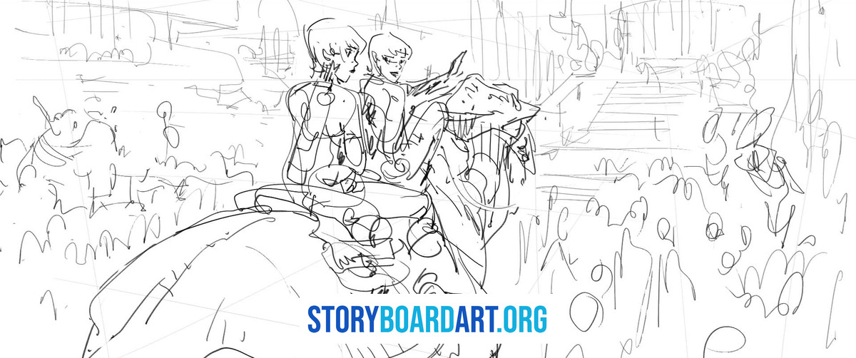 What Does a Story Artist Do? (And How to Become One) 1 Rough pencil storyboard panel of two characters riding a large creature through a crowded street.