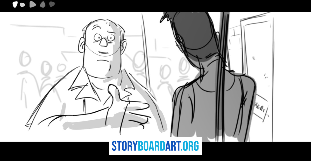 What Does a Story Artist Do? (And How to Become One) 3 Storyboard panel of two characters in conversation, one man gesturing toward the other in a medium shot.