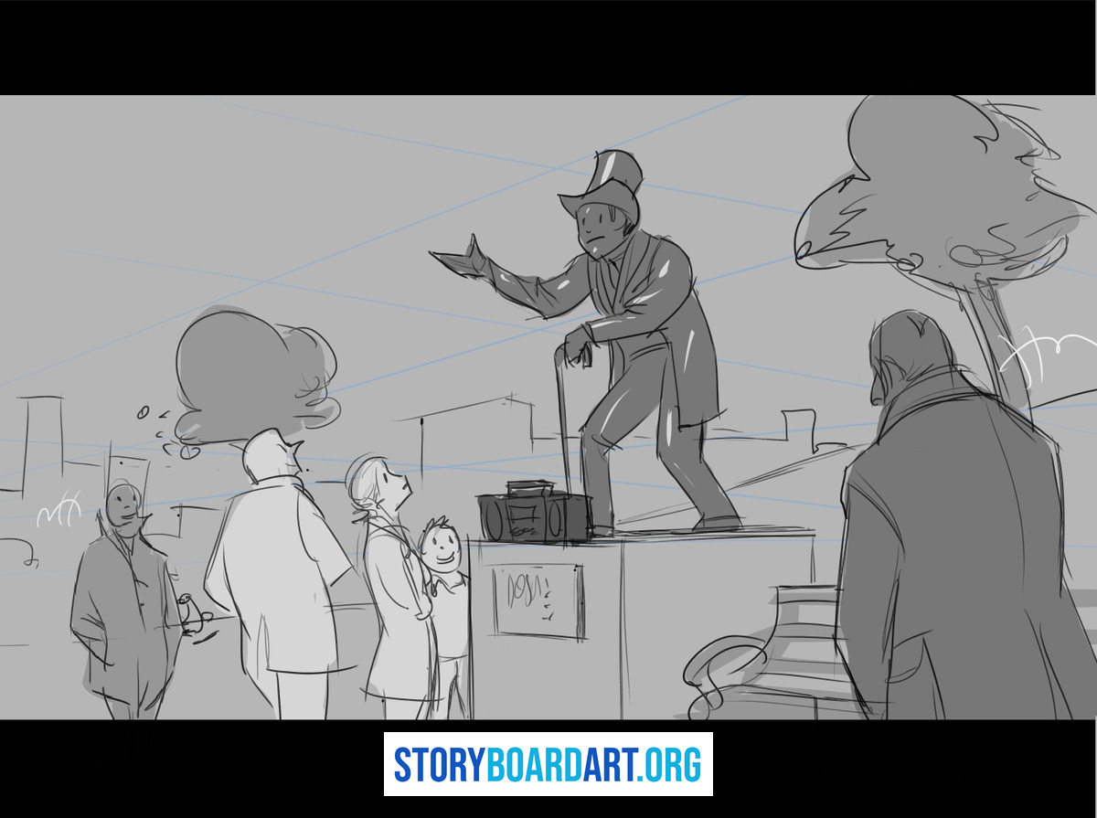 What Does a Story Artist Do? (And How to Become One) 4 Digital storyboard panel of a man in a top hat on a pedestal addressing a crowd outdoors with perspective lines.