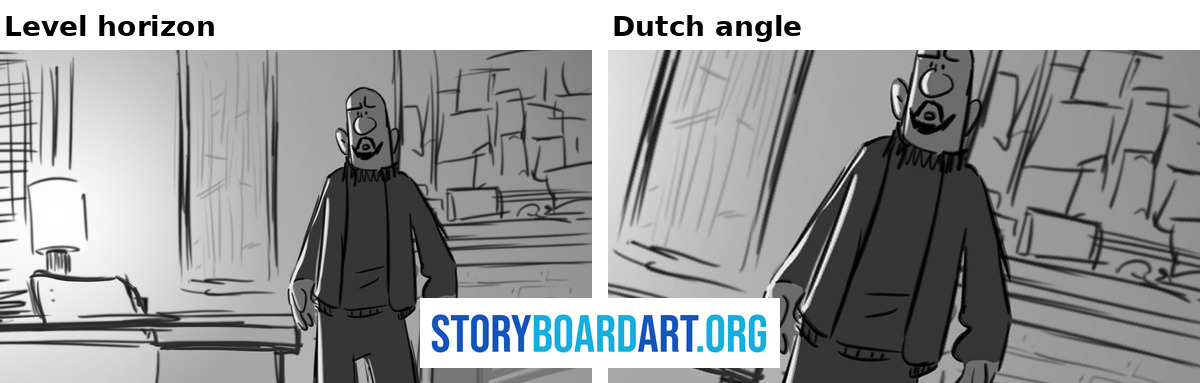 Two versions of a storyboard panel of a man in an office: one level, one tilted into a Dutch angle.