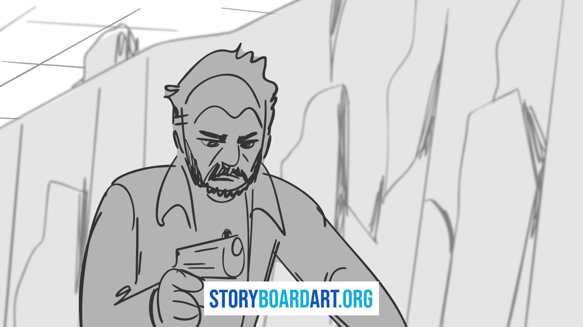 Why a Tilted Camera Makes a Scene Feel Wrong (Dutch Angle) 2 Storyboard panel with a gentle Dutch angle: a bearded man holding a weapon in a slanted hallway.