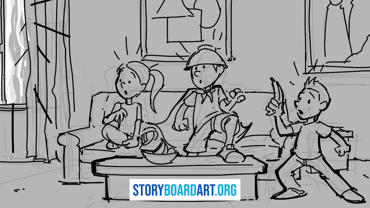 Why a Tilted Camera Makes a Scene Feel Wrong (Dutch Angle) 3 Storyboard panel of three surprised kids in a living room with a level horizon.