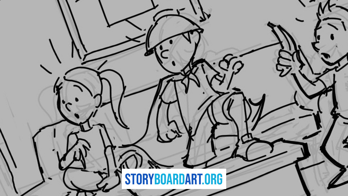 Why a Tilted Camera Makes a Scene Feel Wrong (Dutch Angle) 4 The same storyboard panel of three surprised kids, tilted 20 degrees.