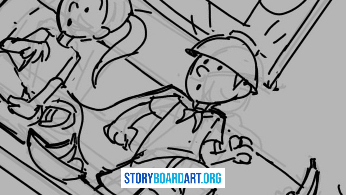 Why a Tilted Camera Makes a Scene Feel Wrong (Dutch Angle) 5 The same storyboard panel tilted 35 degrees and pushed in on one surprised kid.