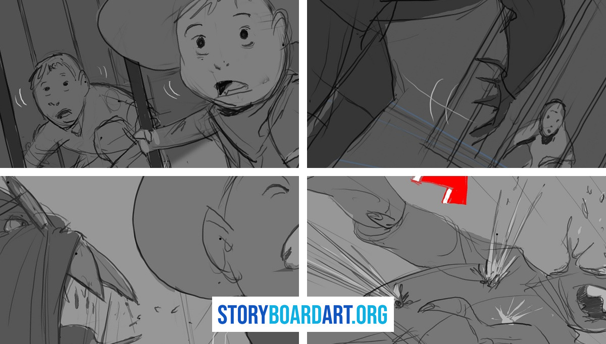 Why a Tilted Camera Makes a Scene Feel Wrong (Dutch Angle) 6 Four storyboard panels from one sequence, each tilted at a different angle, so the action becomes hard to read.