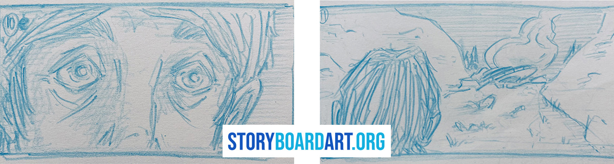 What Is an Over the Shoulder Shot? (And Why Movies Use It) 1 Two blue pencil storyboard panels showing a close-up of wide eyes and an over-the-shoulder shot of a landscape.
