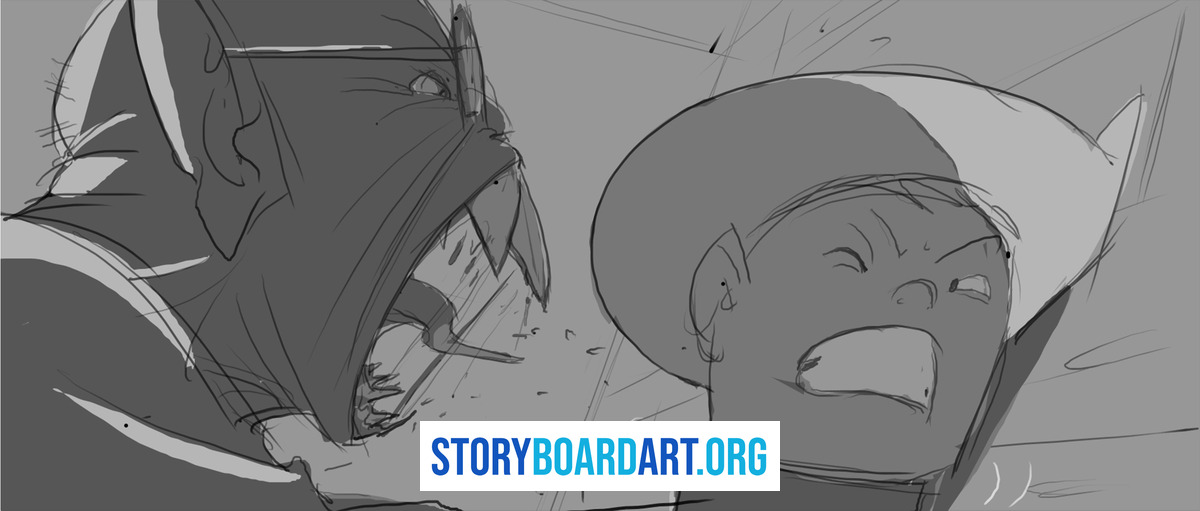 What Is an Over the Shoulder Shot? (And Why Movies Use It) 3 Digital storyboard sketch of an aggressive, shouting monster confronting a smaller, frightened human.