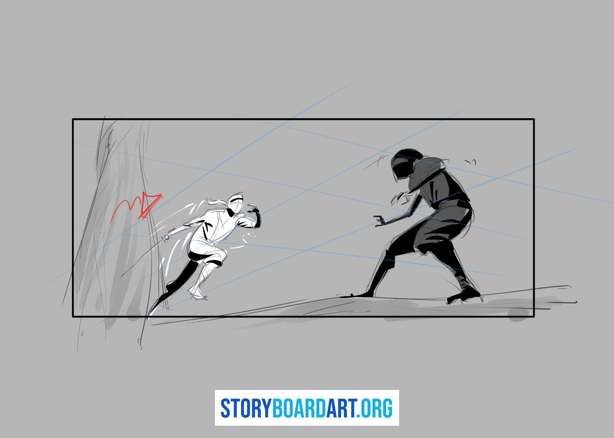 What Is an Over the Shoulder Shot? (And Why Movies Use It) 5 Storyboard panel depicting two characters facing each other with perspective grid lines overlaying the frame.