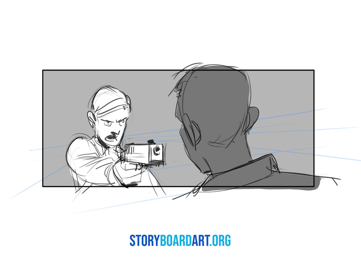 Storyboard sketch showing an over-the-shoulder shot of a man pointing a gun at another person.