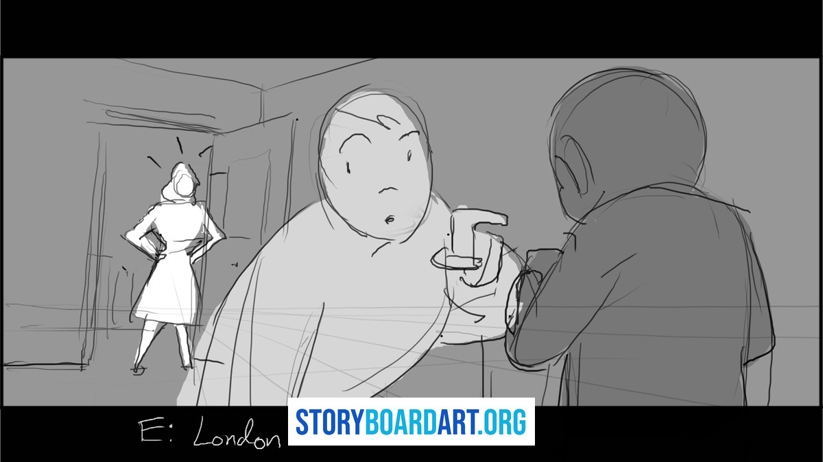 Shot Reverse Shot: How to Storyboard Dialogue Scenes 4 Digital storyboard panel of two characters talking in foreground while a third stands in a background doorway.