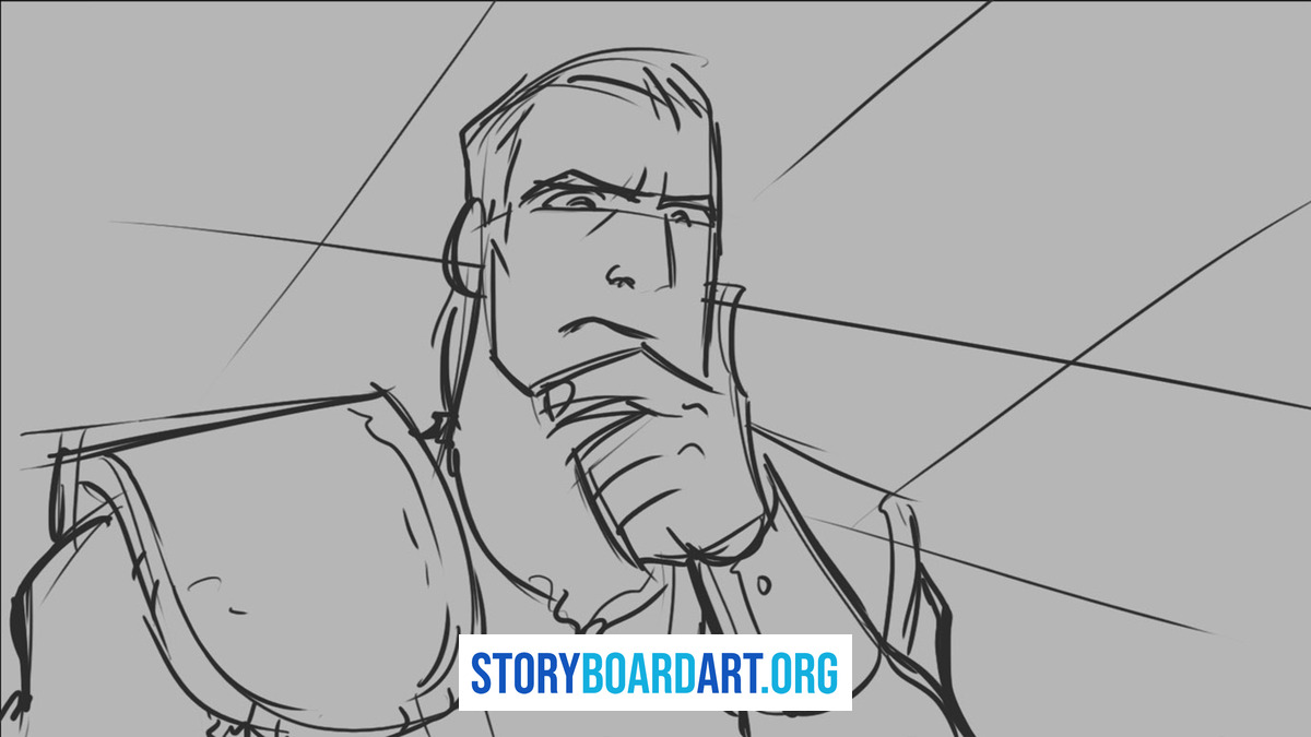 Shot Reverse Shot: How to Storyboard Dialogue Scenes 5 Rough black and white storyboard sketch of a stern man resting his chin on his hand while looking off-screen.