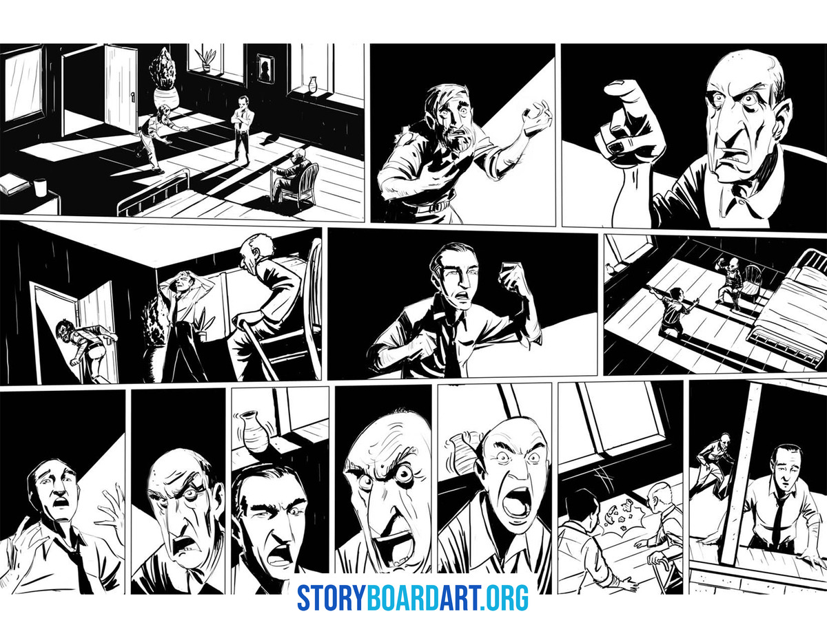 Shot Reverse Shot: How to Storyboard Dialogue Scenes 6 Multi-panel black and white comic page featuring character expressions and interior scenes.
